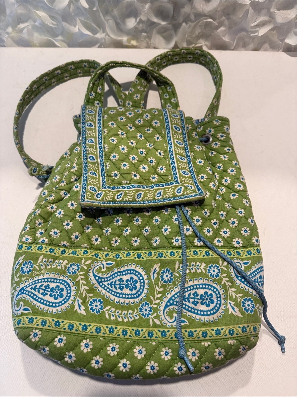 Vera Bradley Green Quilted Paisley Drawstring Backpack with Blue Accents